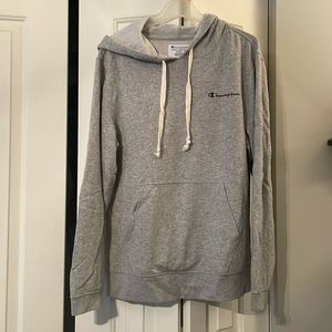 Grey champion hoodie with black logo